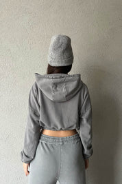 Gri Kapüşonlu Crop Sweatshirt SY-1683-Gri