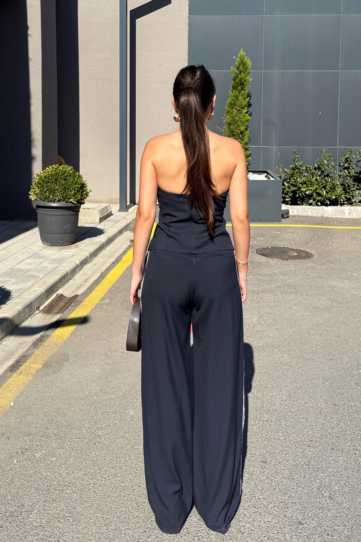 Lacivert Yazı Şerit Detaylı Straplez Bluz Pantolon Takım SY-3330-Lacivert