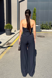 Lacivert Yazı Şerit Detaylı Straplez Bluz Pantolon Takım SY-3330-Lacivert