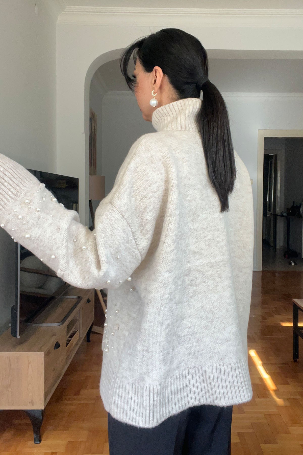 Bej İnci Detaylı Yarım Balıkçı Triko Kazak SY-2741-Bej