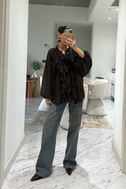 Fırfırlı Kahverengi Tül Bluz SY-3533-Kahverengi