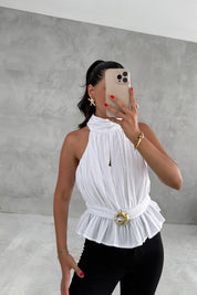 Beyaz Toka Detaylı Halter Yaka Bluz SY-3288-Beyaz