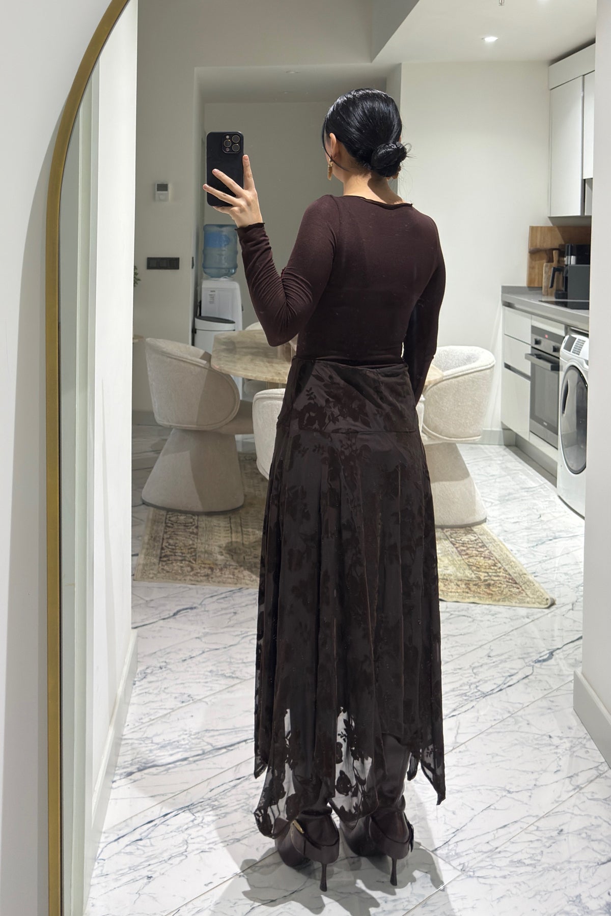 Kahverengi Kadife Çiçek Desenli Asimetrik Etek SY-3530-Kahverengi