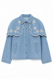 Kadın Nakış Detaylı Pelerin Yaka Denim Ceket SY-3842-Mavi