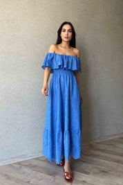 Mavi Madonna Yaka Kemer Detaylı Fisto Elbise SY-1964-Mavi