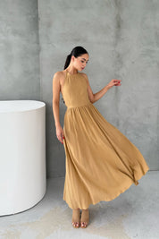 Camel Sırt Dekolteli Keten Uzun Elbise SY-2336-Camel