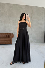 Siyah Geniş Pileli Kemerli Elbise SY-3070-Siyah