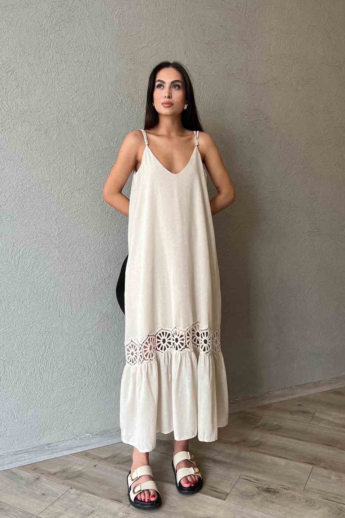 Naturel Örme Detaylı Askılı Elbise SY-1880-Naturel