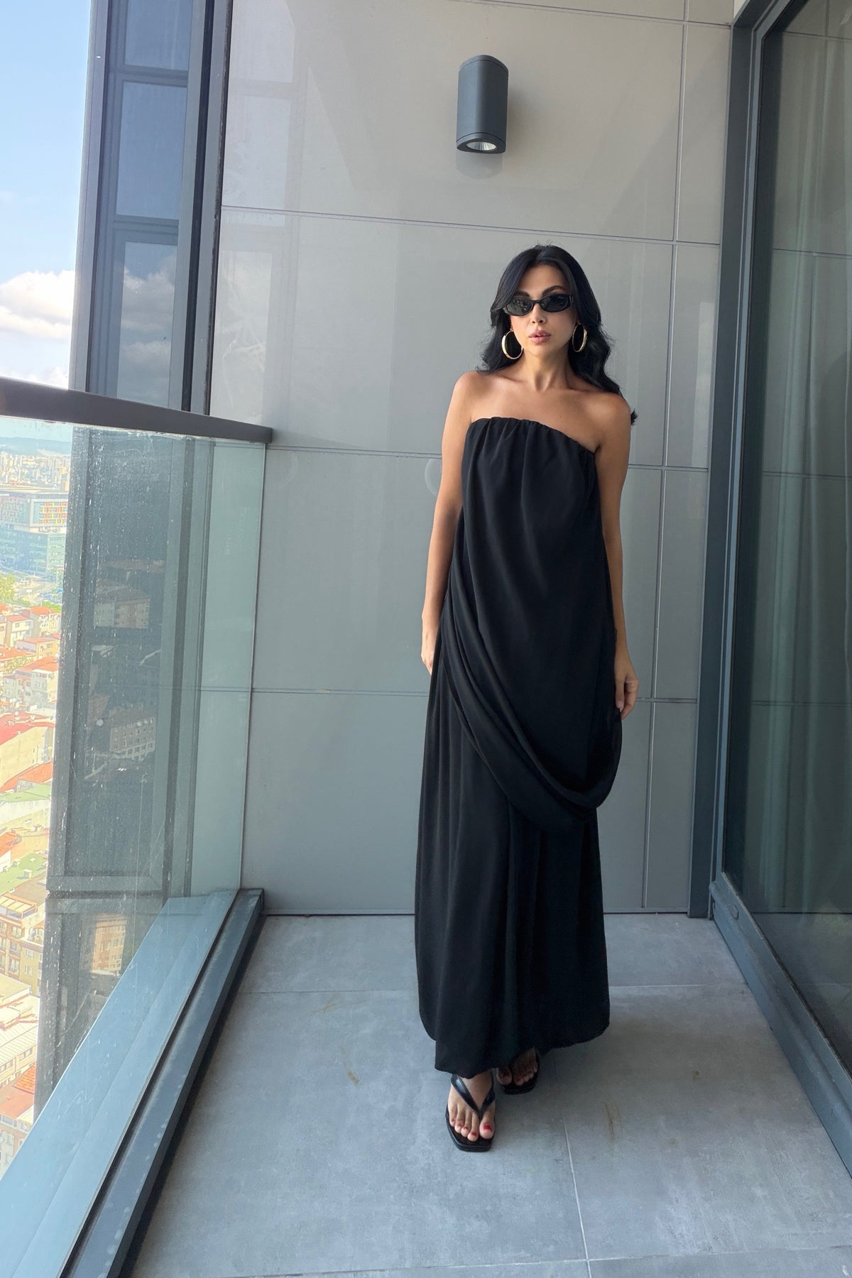 Siyah Straplez Top & Balon Midi Etek İkili Takım SY-3819-Siyah
