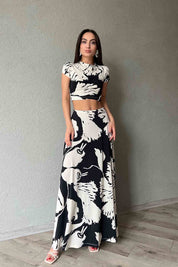 Bej Siyah Desenli Beli Lastikli Maxi Etek Bluz Takım SY-1833-Bej