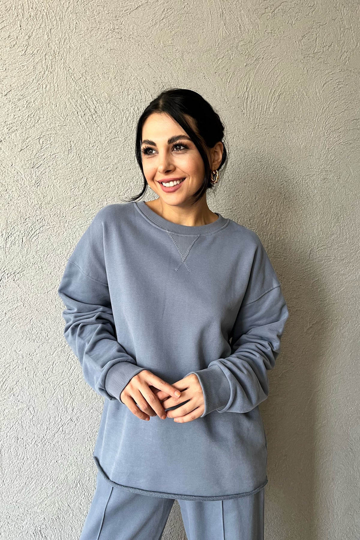 Gri Uzun Kollu Sweat ve Önden Dikiş Detaylı Eşofman Takım SY-1290-Gri
