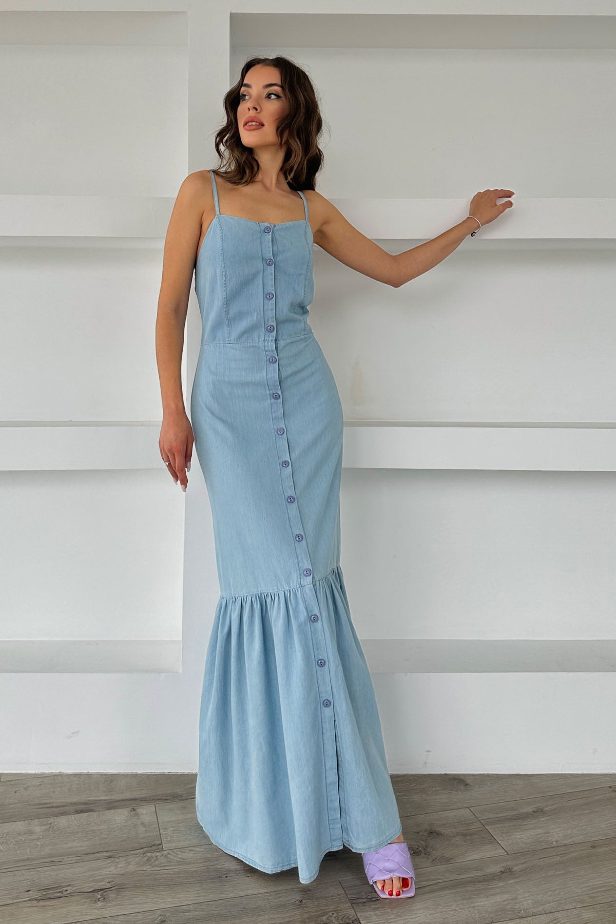 Seda Yalçın Atelier Naturel Askılı Triko Detay Keten Elbise SY-0392-Mavi