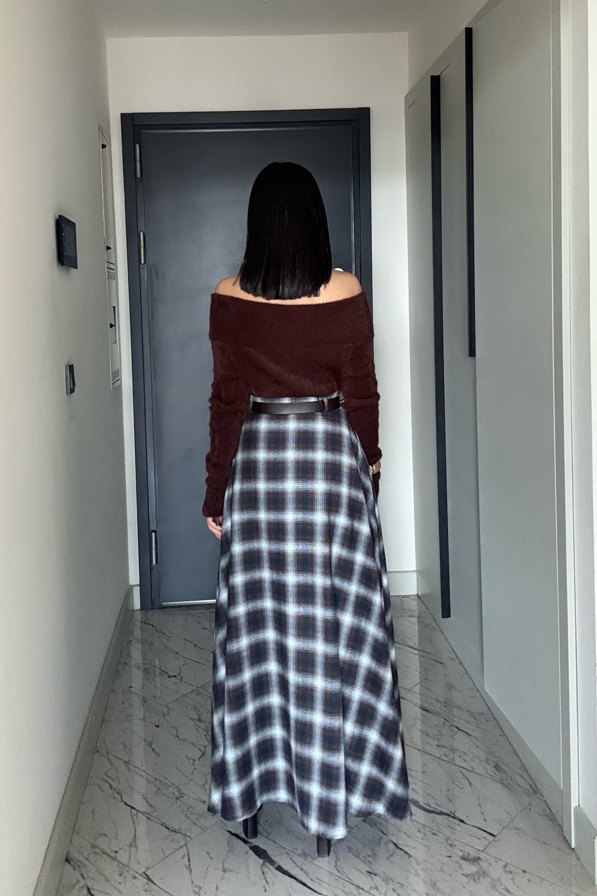 Ekose Desenli Yırtmaç Detay Kloş Etek SY-3494-Kahverengi