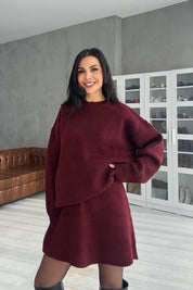 Bordo Bisiklet Yaka Mini Etek Kazak Takım SY-2811-Bordo