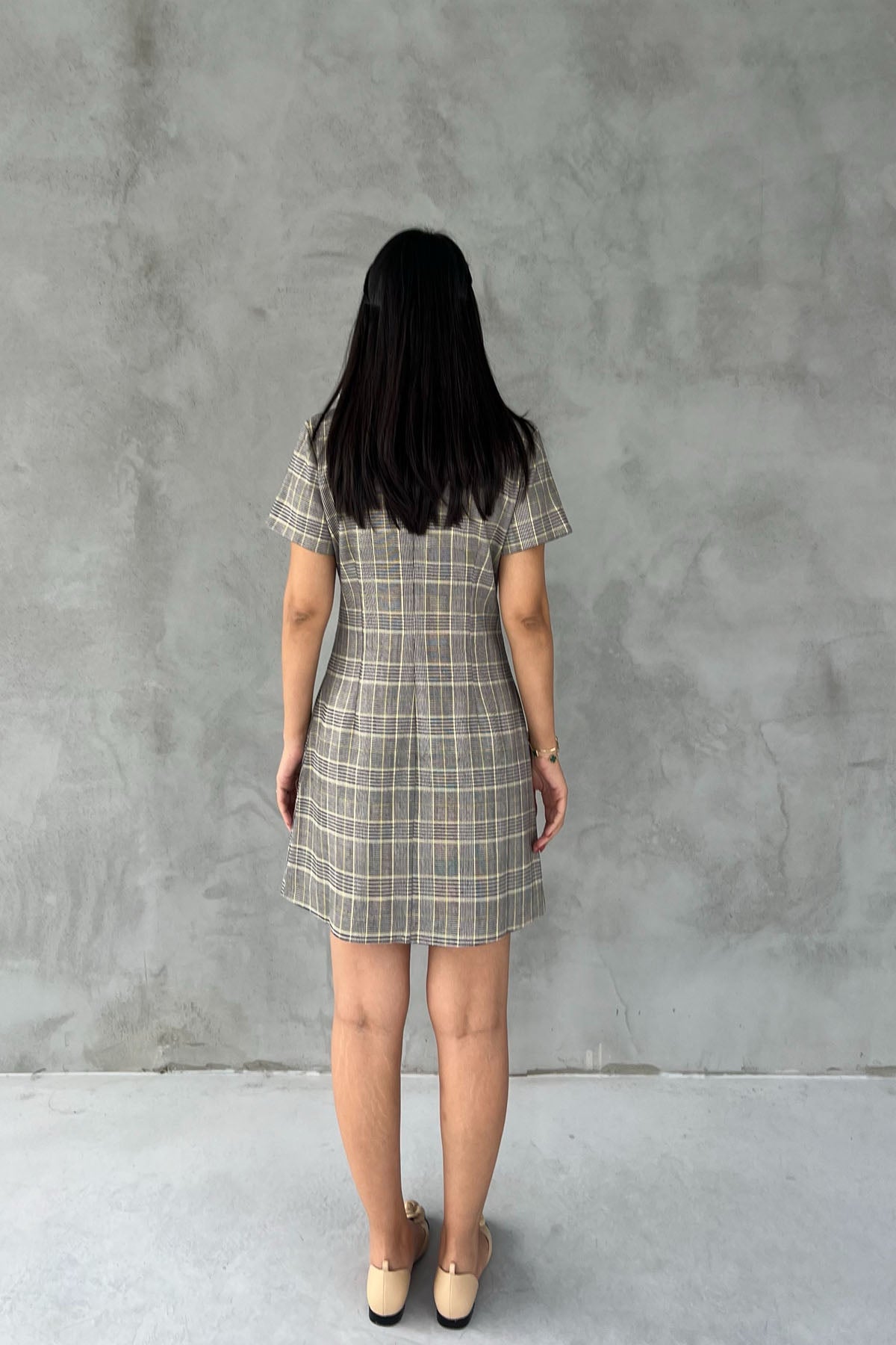 Sarı Ekoseli Bebe Yaka Gold Düğmeli Elbise SY-2544-Sarı