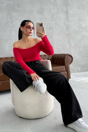 Kırmızı Sakallı Kayık Yaka Triko Kazak SYM-3426-Kırmızı