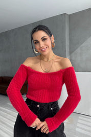 Kırmızı Sakallı Kayık Yaka Triko Kazak SYM-3426-Kırmızı