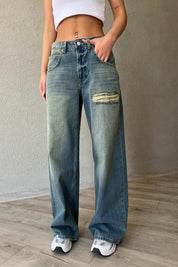 Mavi Yüksek Bel Eskitme Yırtık Detaylı Straight Leg Jean SY-1835-Mavi