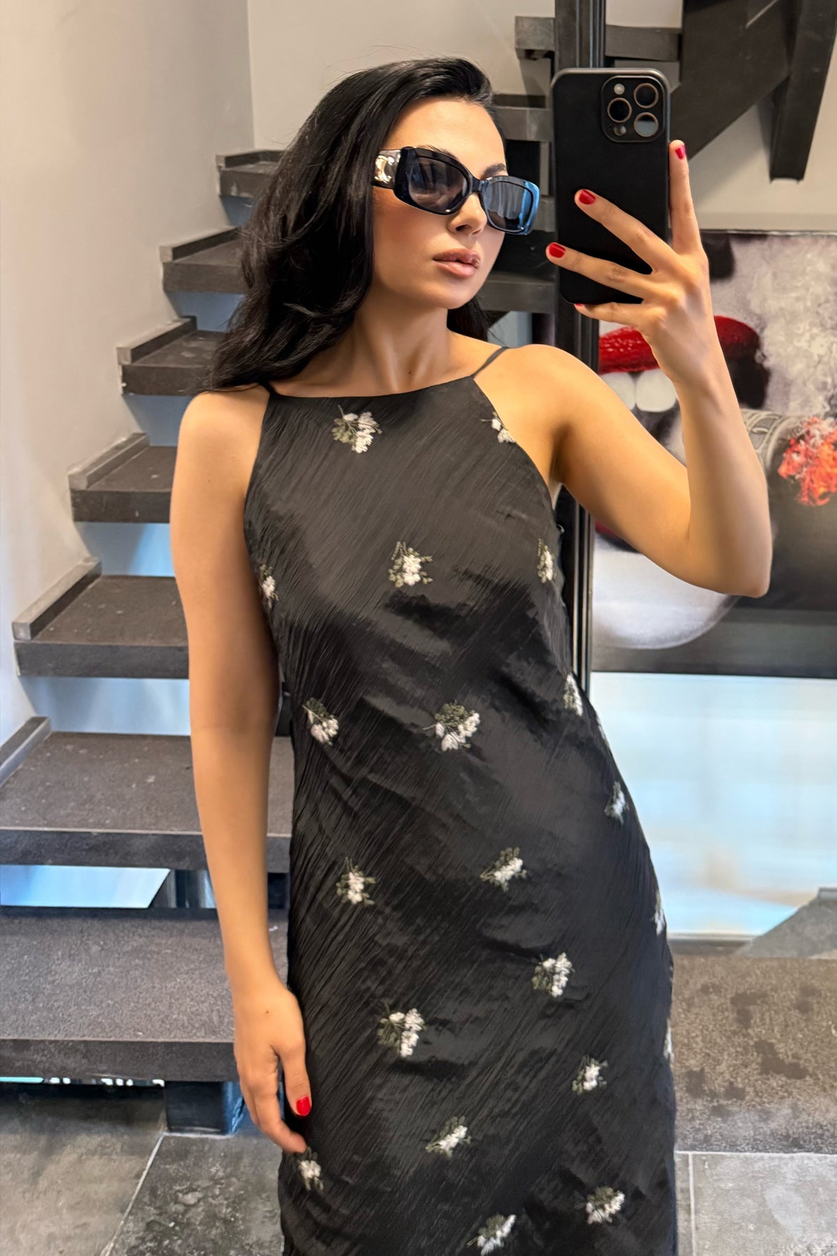 Halter Yaka Nakış İşlemeli Siyah Elbise SY-3702-Siyah
