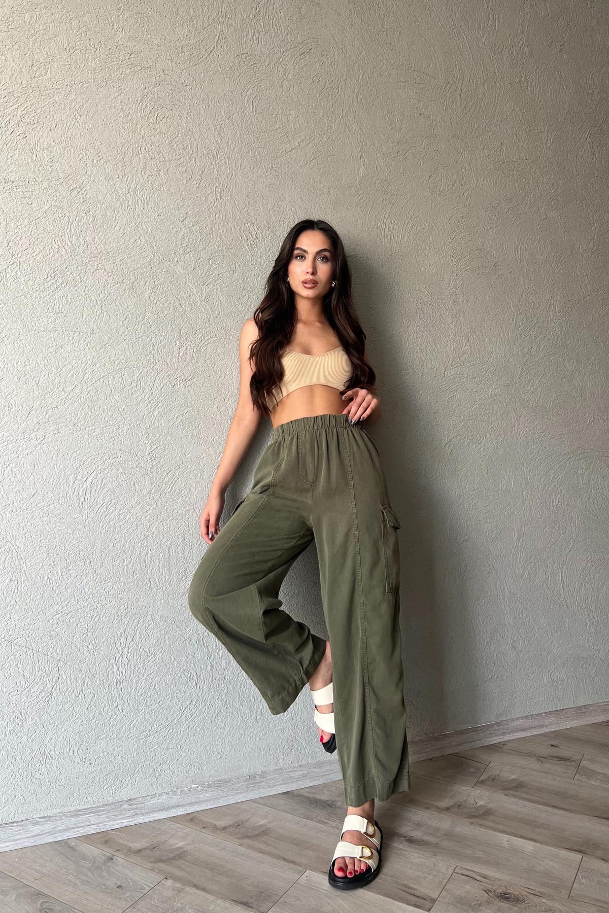 Haki Dikiş Detaylı Kargo Cepli Beli Lastikli Pantolon SY-1863-Haki