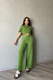 Yeşil Beli Lastikli Premium Keten Pantolon SY-2217-Yeşil
