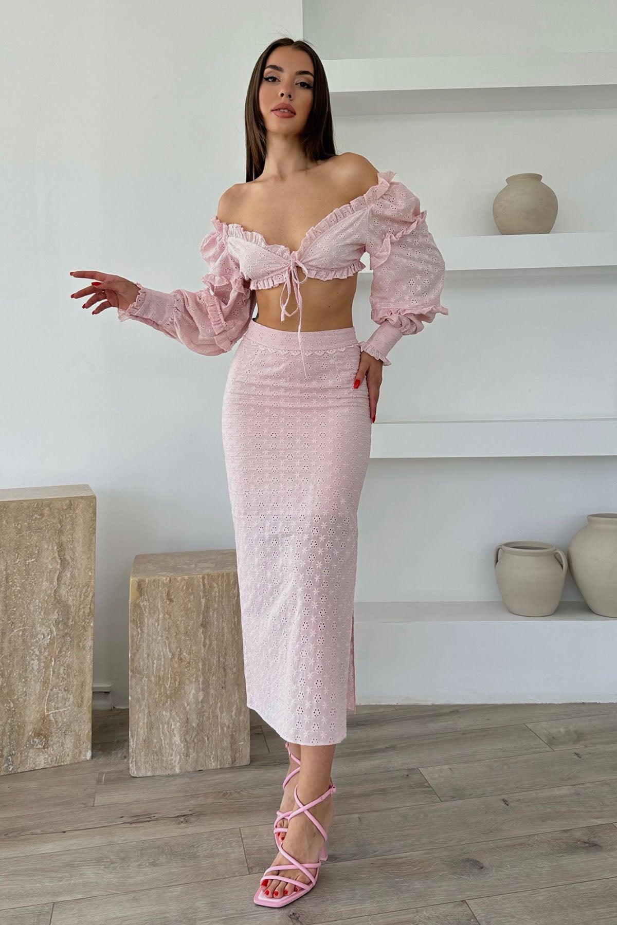 Pembe Tasarım Crop ve Yırtmaçlı Etek Fisto Takım SY-0476-Pembe