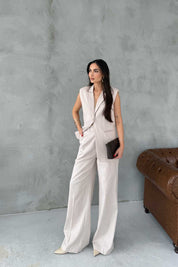 Woman's Taş Keten Yelek Ve Pantolon Takım SY-3061-Taş
