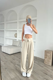 Bej Bel Detaylı Bol Paça Naturel Keten Pantolon SY-1772-Bej