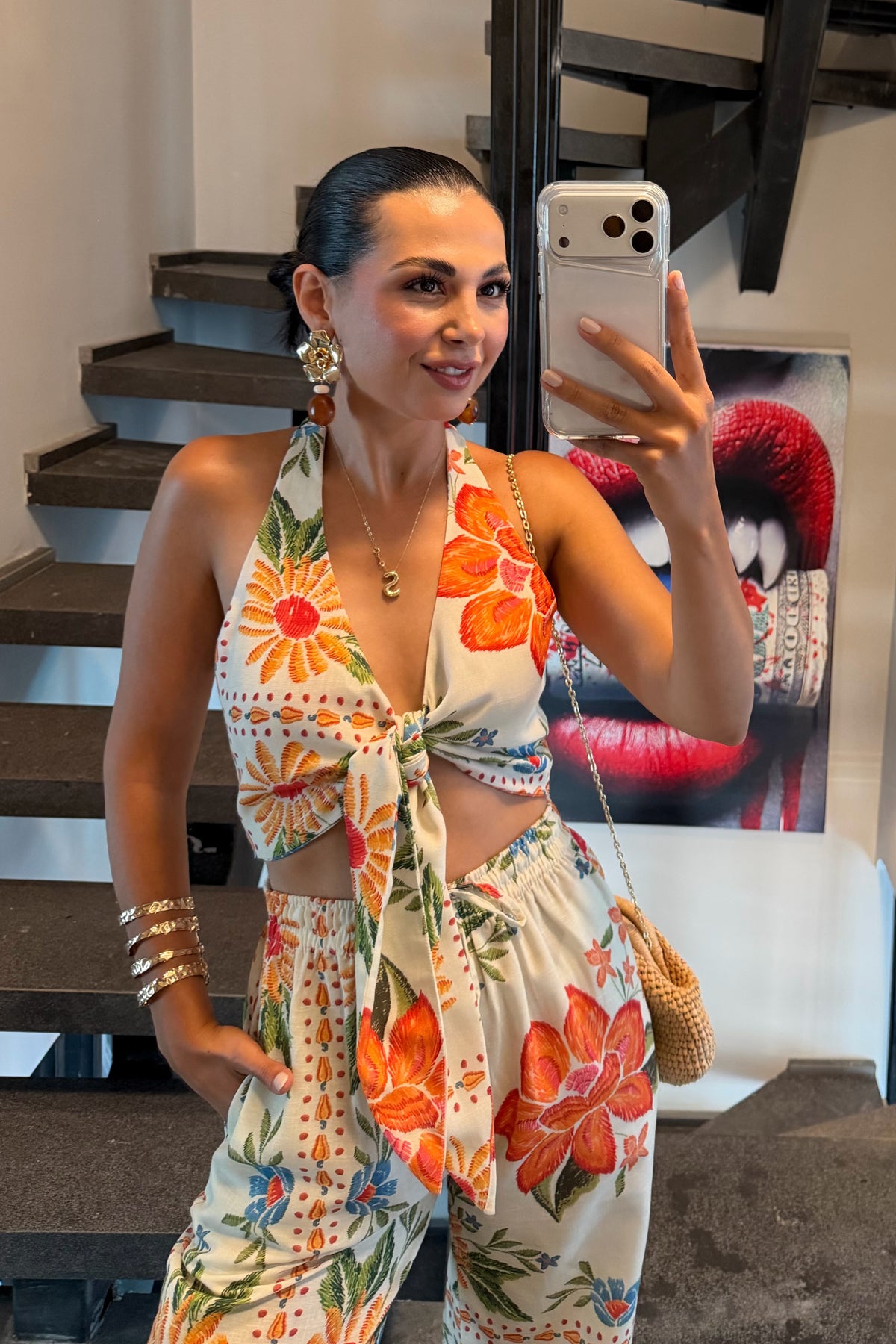 Island Girl Tropikal Crop Bluz Pantolon Takım SY-3766-Krem