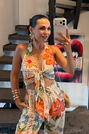 Island Girl Tropikal Crop Bluz Pantolon Takım SY-3766-Krem
