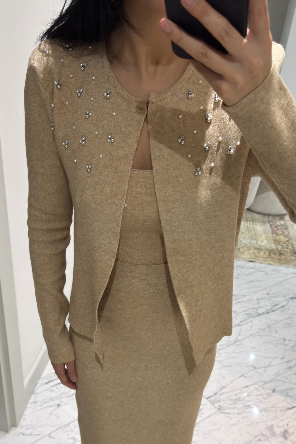 Bej Triko Önü Taş Detaylı Üçlü Takım SY-2433-Taş