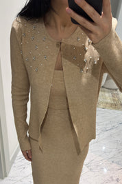 Bej Triko Önü Taş Detaylı Üçlü Takım SY-2433-Taş