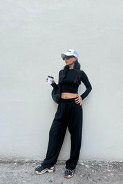 Siyah Dalkıç Kumaş Basic Jogger Crop Pantolon Takım SY-1705-Siyah