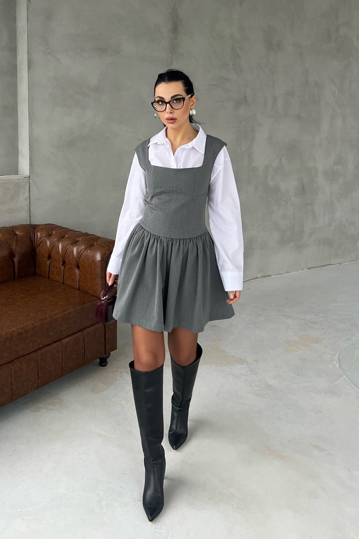 Volaren Gri Balon Elbise SY-2915-Gri