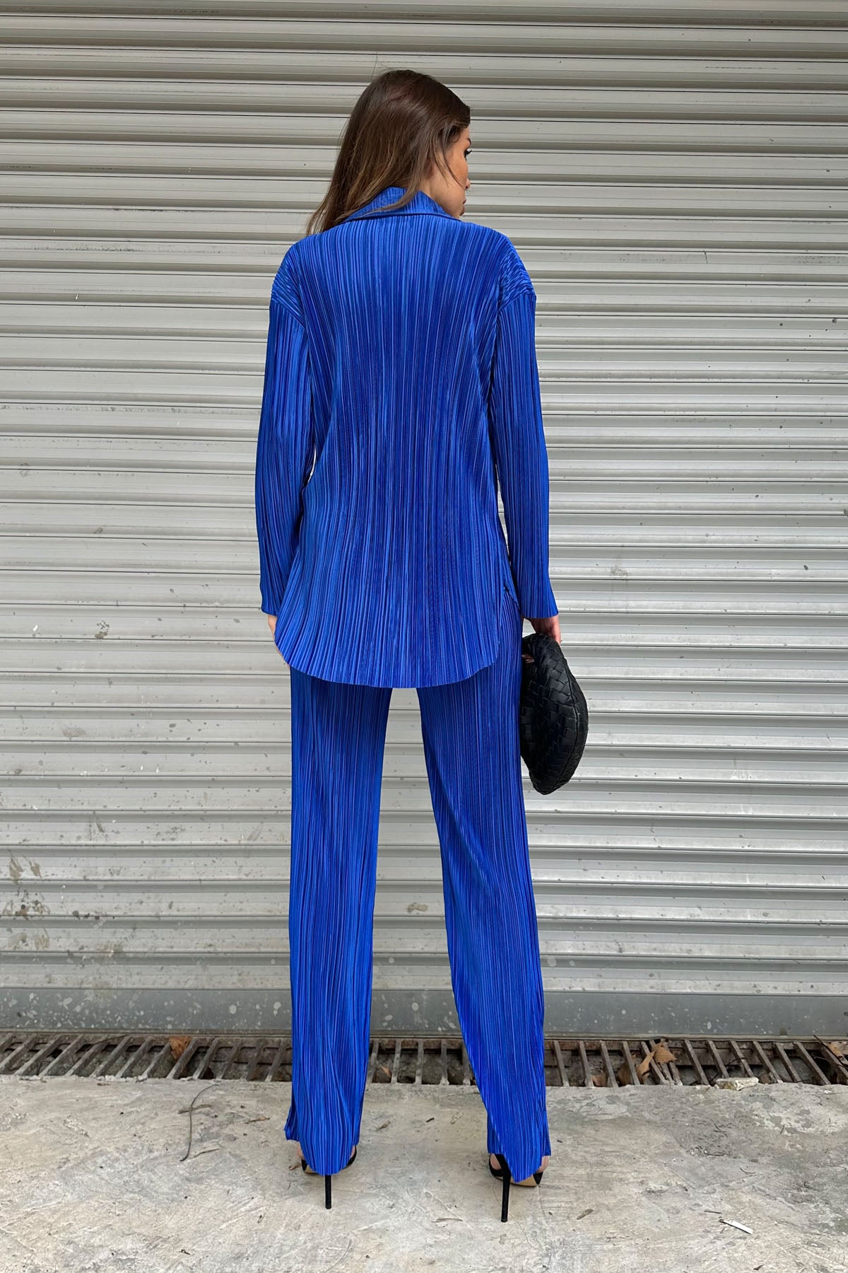 Saks Mavisi Yırtmaçlı Fitilli Kadın Gömlekli Oversize Takım SY-0092-Saks Mavisi