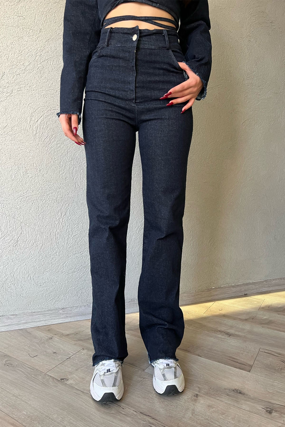 Koyu Mavi Tasarım Bağlamalı Bluz Ve Pantolon Takım SY-1261-Koyu Mavi