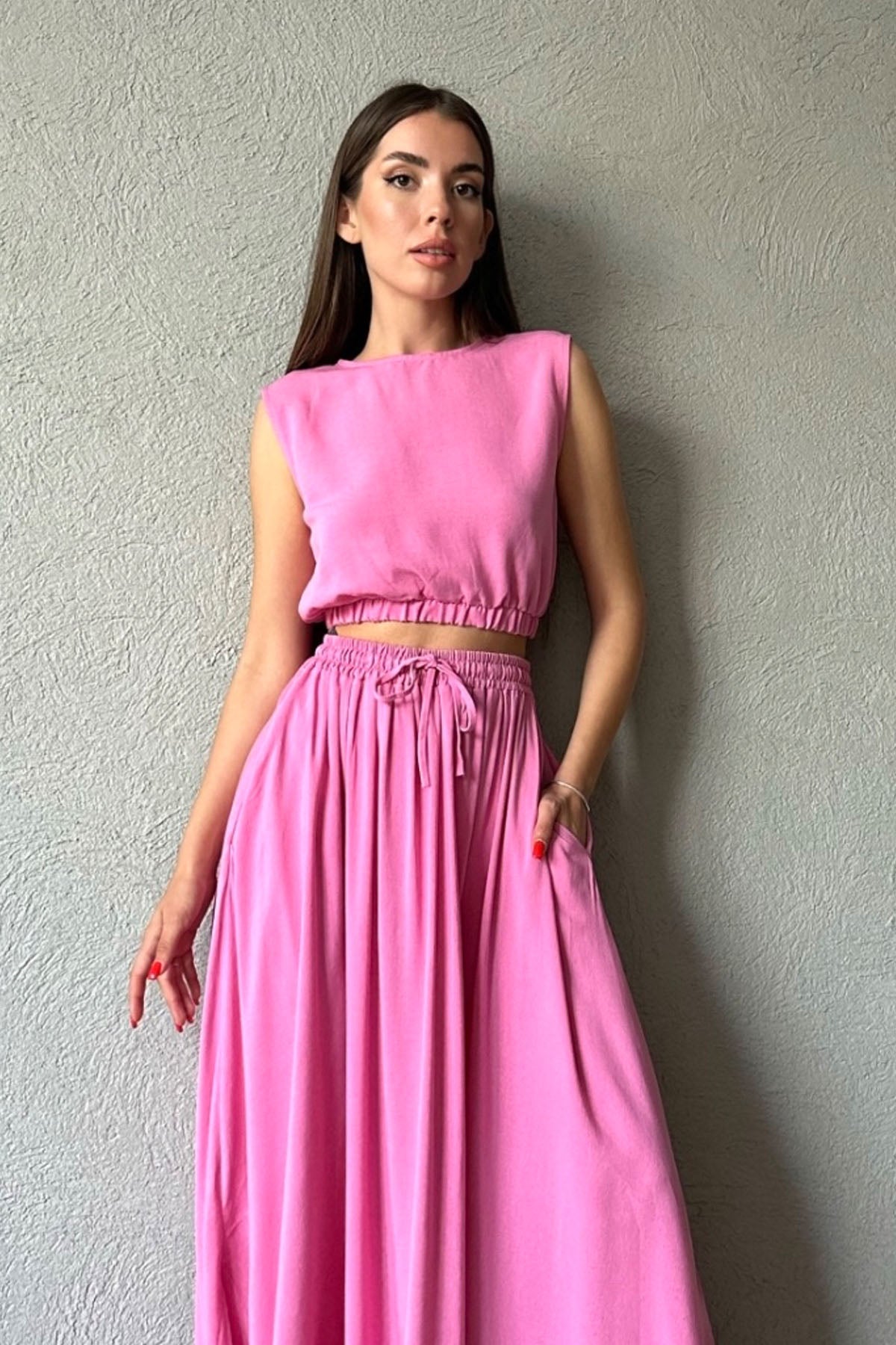 Pembe Keten Lastik Detaylı Uzun Etek ve Crop Takım SY-0516-Pembe