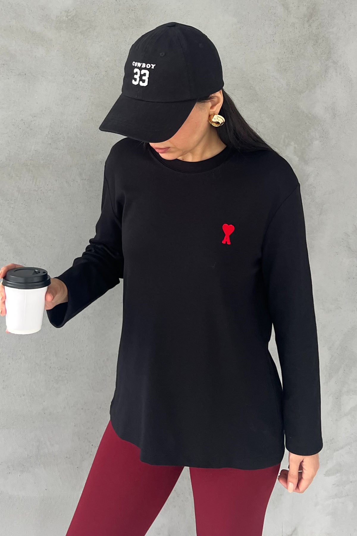 Siyah Marka Model Kalp Nakışlı Uzun Kollu T-shirt SY-2822-Siyah