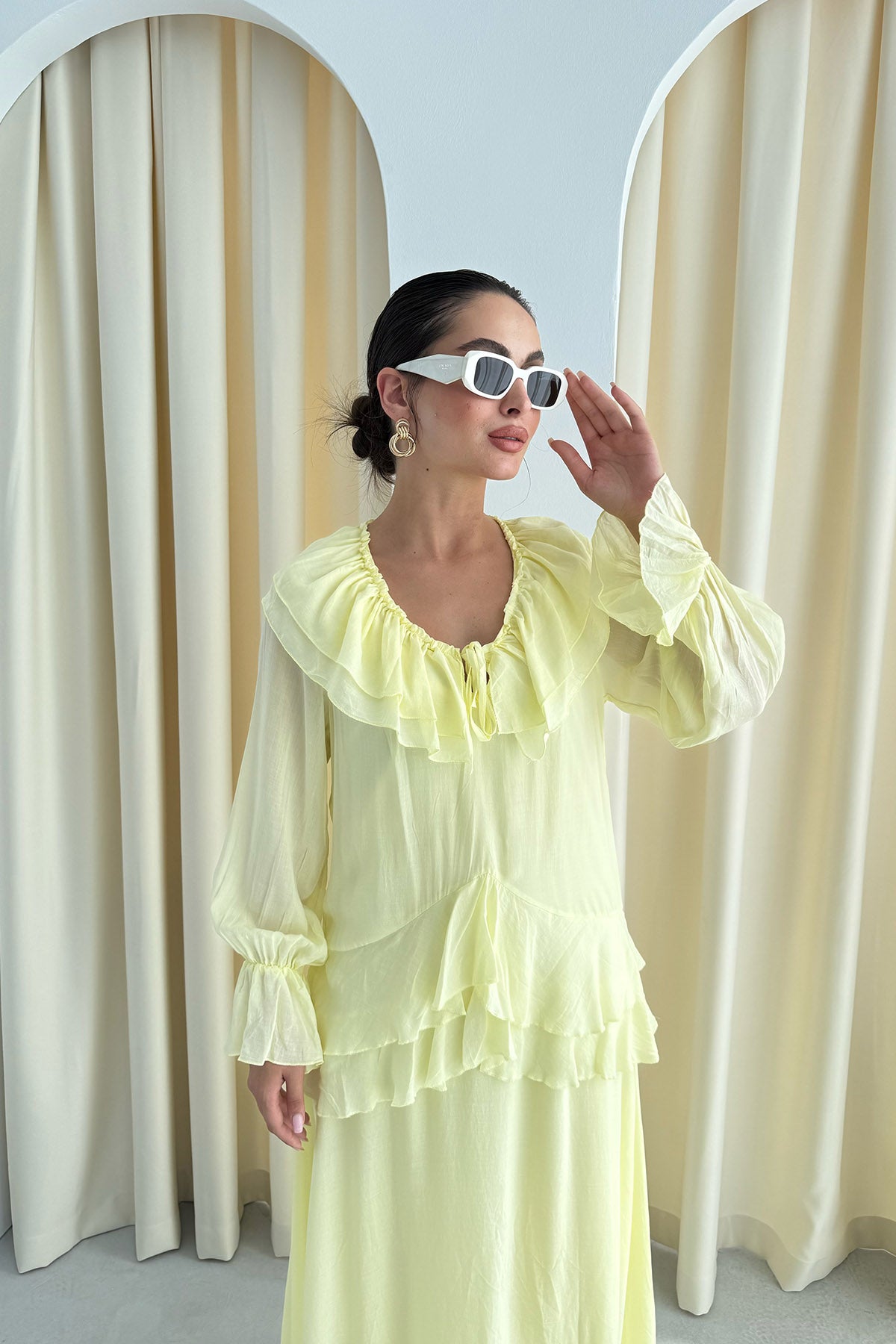 Sarı Balon Kol Göğüs Fırfırlı Elbise SY-3210-Sarı