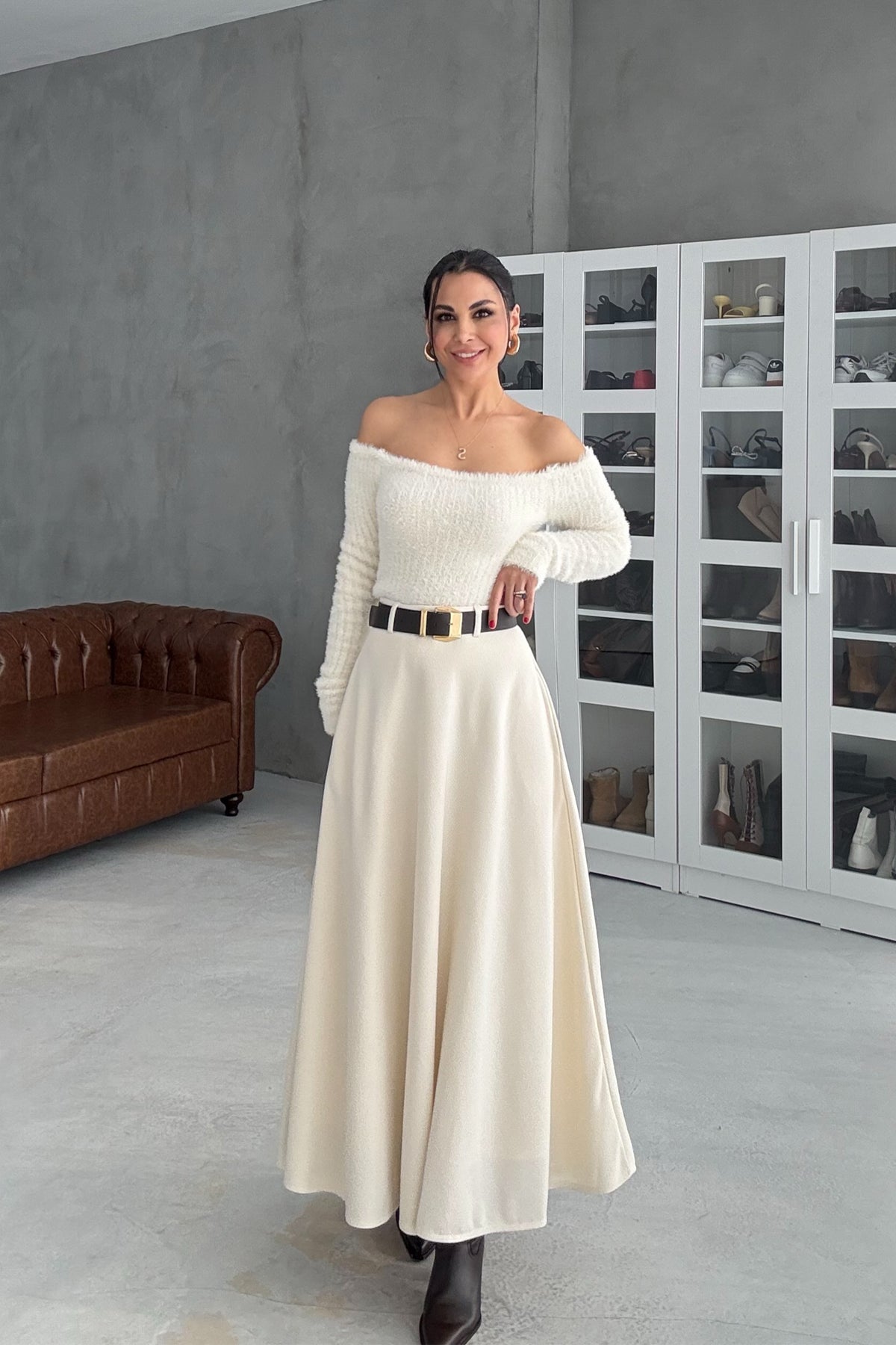 Krem Kemerli Verev Midi Etek SY-3468-Krem