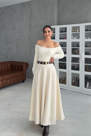 Krem Kemerli Verev Midi Etek SY-3468-Krem