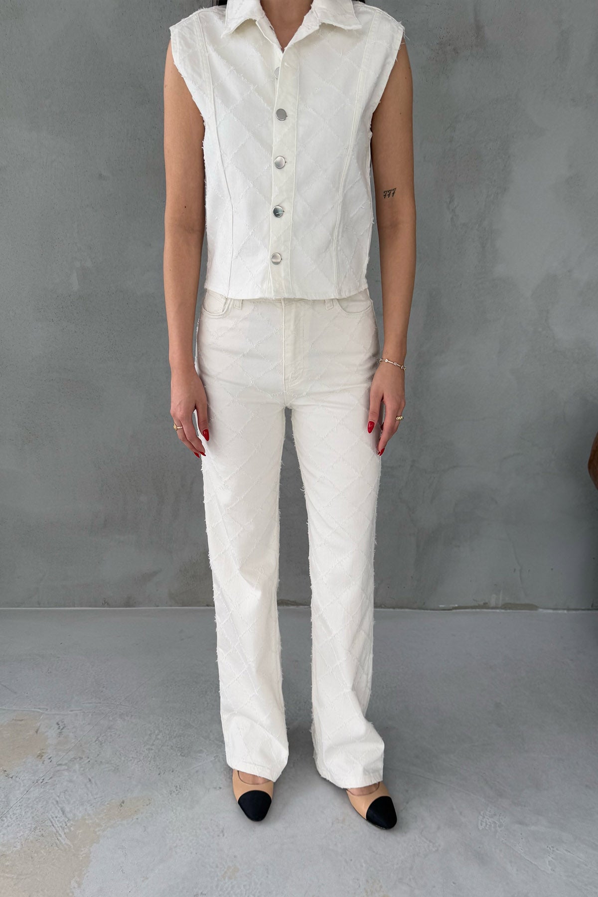 Ekru Baklava Desenli Denim Yelek ve Pantolon Takım SY-3069-Ekru