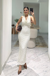 Beyaz Dantel Detaylı Degaje Yaka Elbise SY-3640-Beyaz