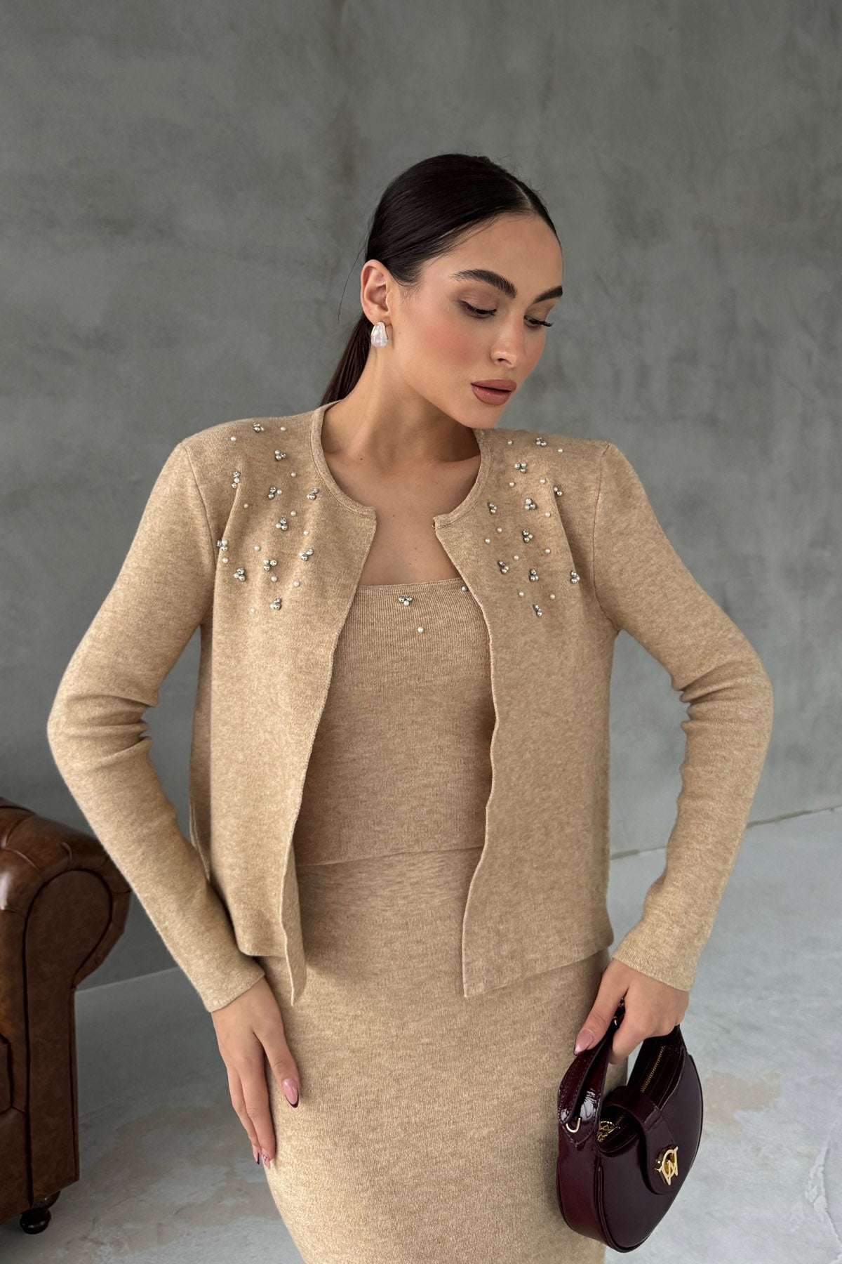 Bej Triko Önü Taş Detaylı Üçlü Takım SY-2433-Taş