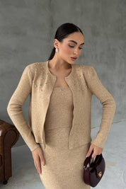 Bej Triko Önü Taş Detaylı Üçlü Takım SY-2433-Taş