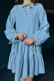 Buz Mavisi Bağcık Detaylı Denim Elbise SY-0335-Buz Mavisi