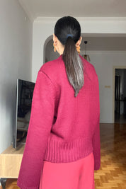 Bordo Tasarım Kolları Nakışlı Kazak SY-2837-Bordo