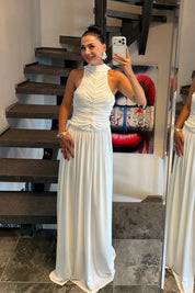 Beyaz Halter Yaka Maxi Davet Elbisesi Ön Drapeli SY-3782-Beyaz