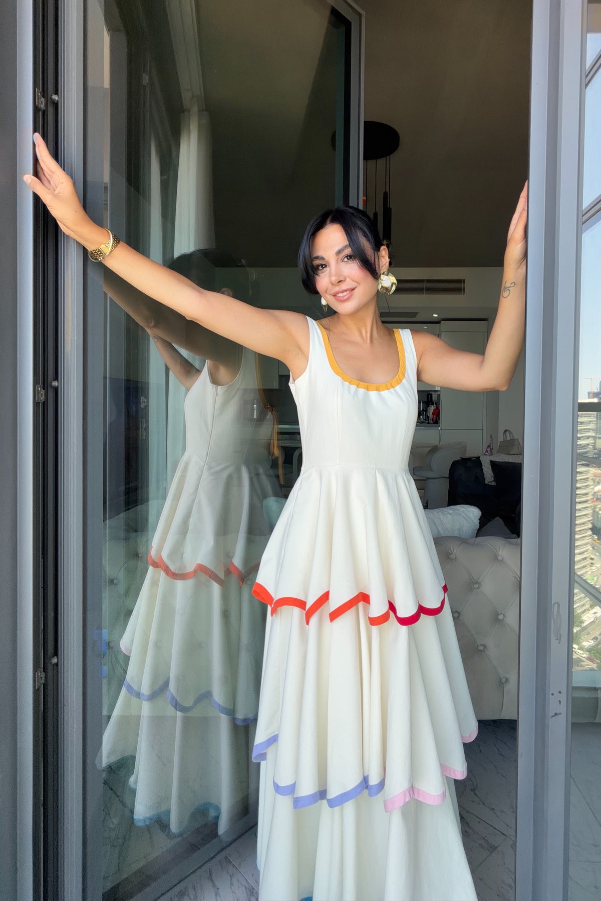 Renkli Biyeli Pinterest Tasarım Elbise SY-3793-Bej