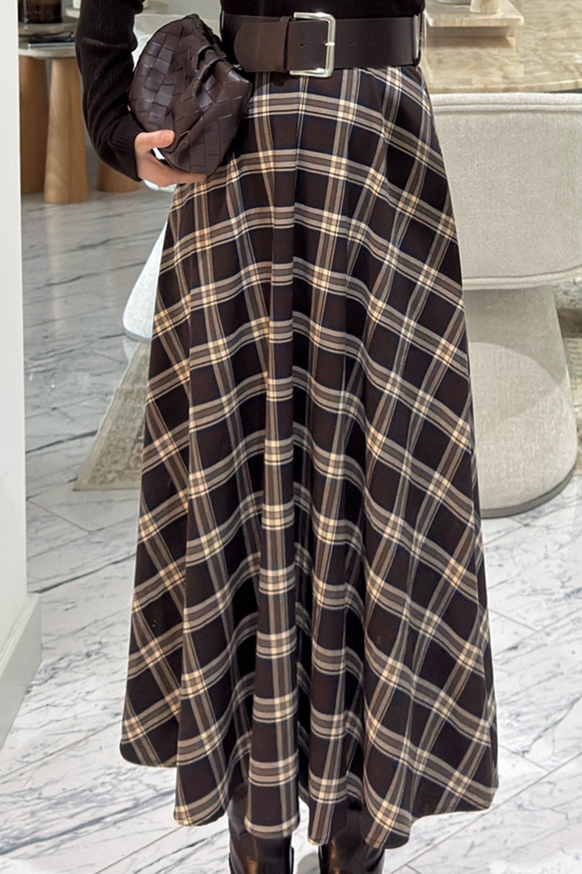 Örme Ekose Detaylı Kemerli Elbise SY-3615-Kahverengi